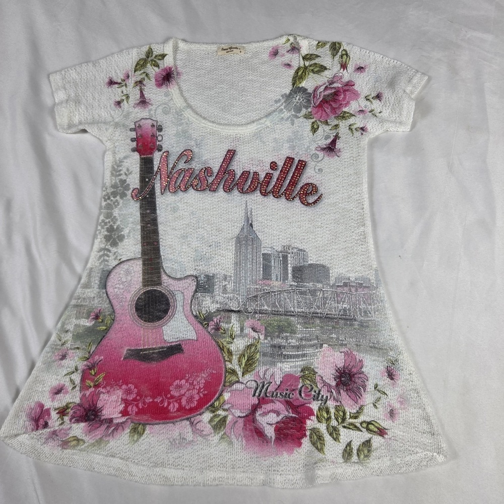 Sweet Gisele Y2K Nashville Top‎ Sheer Knit T-shirt Guitar Rhinestone Size S